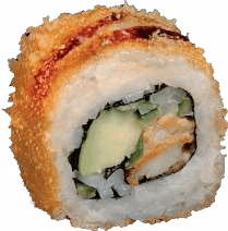 Une pièce de crispy roll à la panure dorée, garnie de poulet et d'avocat