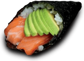 Un temaki au saumon et à l'avocat, roulé en cornet dans une feuille de nori